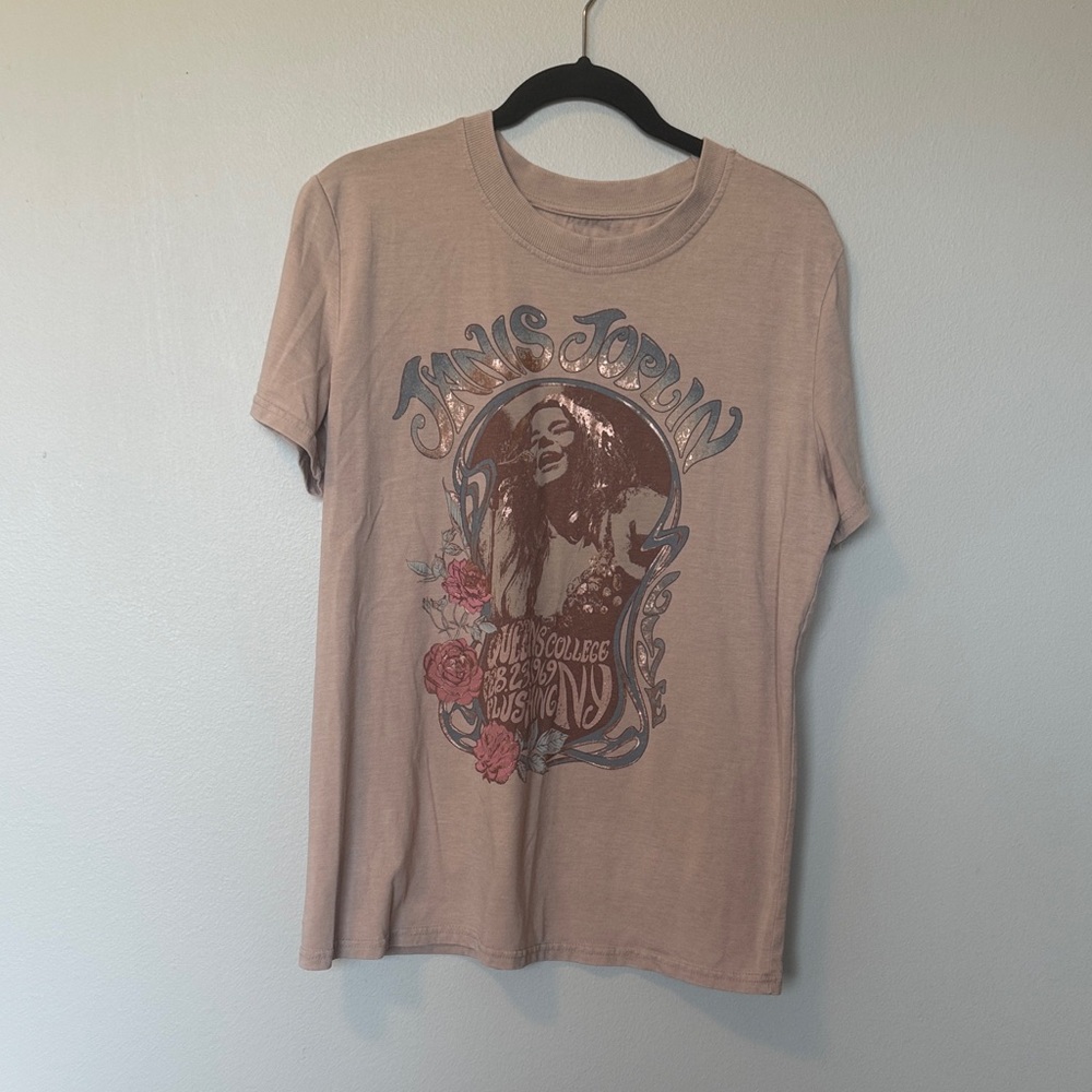 Janis Joplin by Goodie Two Sleeve Graphic Tee in Dusty Rose/Beige